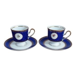 Pair of Kunst  Blue & Gold Cups & Saucers Hummendorf Kronach W Germany Violet